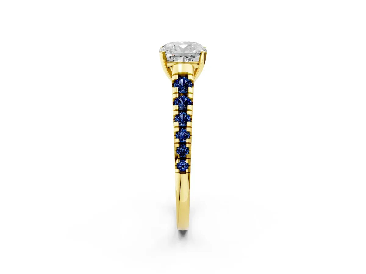 Cushion Cut Diamond Cathedral Solitaire Ring with Round Blue Sapphire Pavé Band Yellow gold