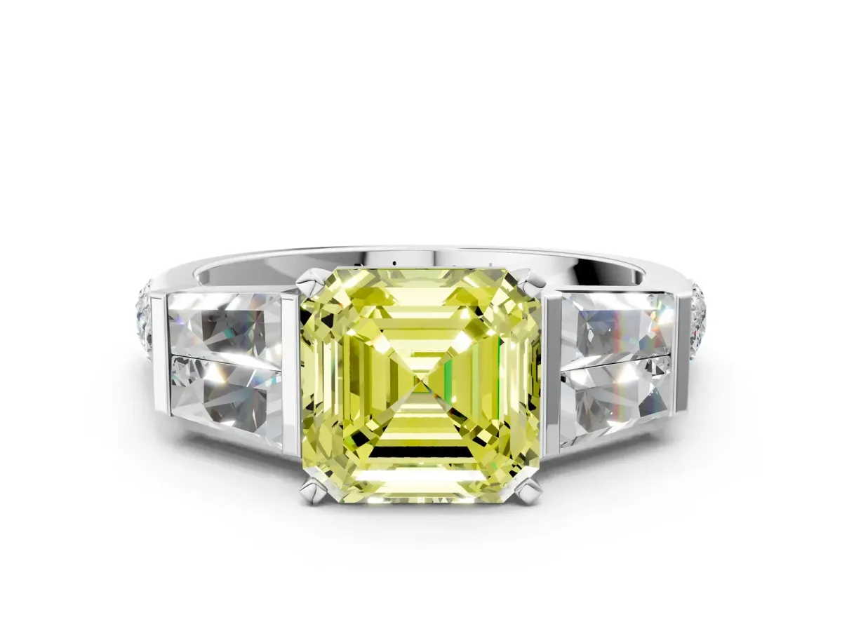 Fancy Yellow Asscher Cut Diamond Engagement Ring with Baguette Side Stones and Channel Set Band Platinum