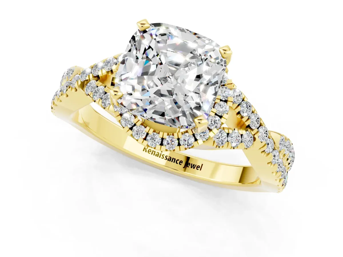 Cushion Cut Moissanite Halo Twist Band Solitaire Prong Setting Ring Yellow gold