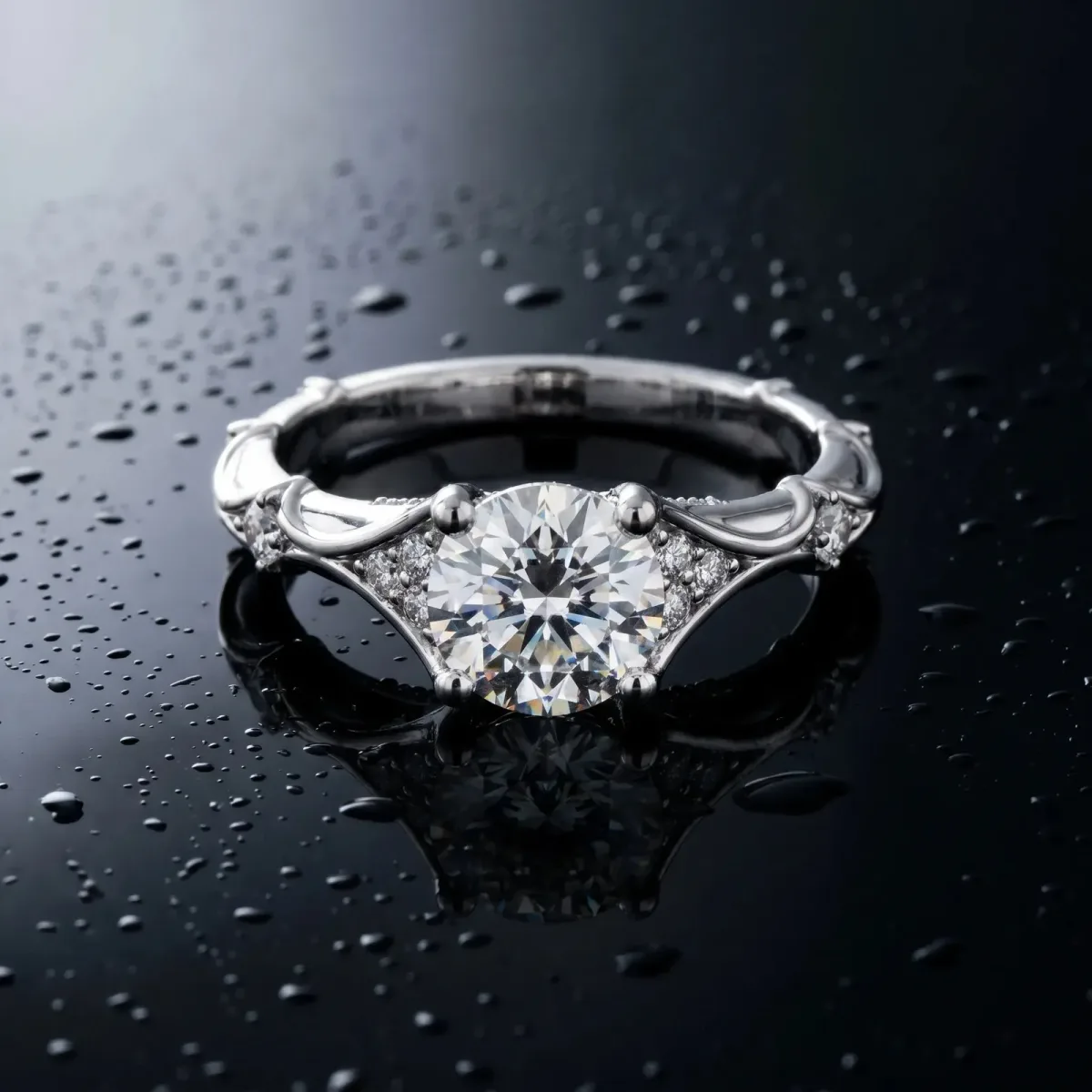 Round Cut Cut Solitaire Engagement Ring with Pave Band and Four-Prong Setting Platinum