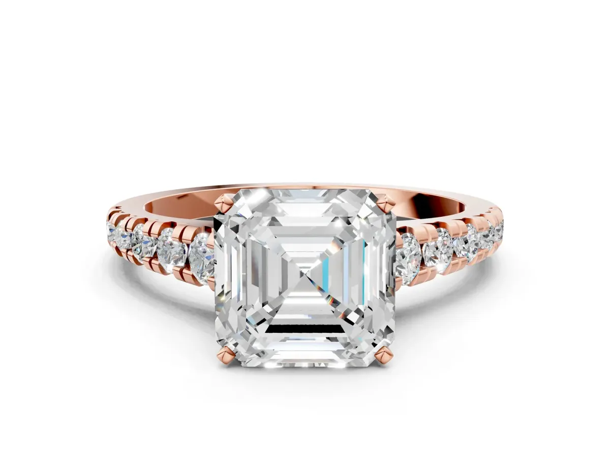 Asscher Cut Diamond Cathedral Solitaire Ring with Round Moissanite Pavé Band Rose gold