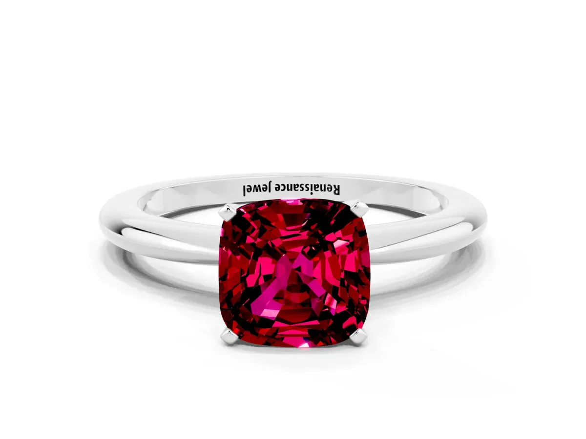 Cushion Cut Garnet Solitaire Ring with Six-Prong Setting and Classic Band Platinum