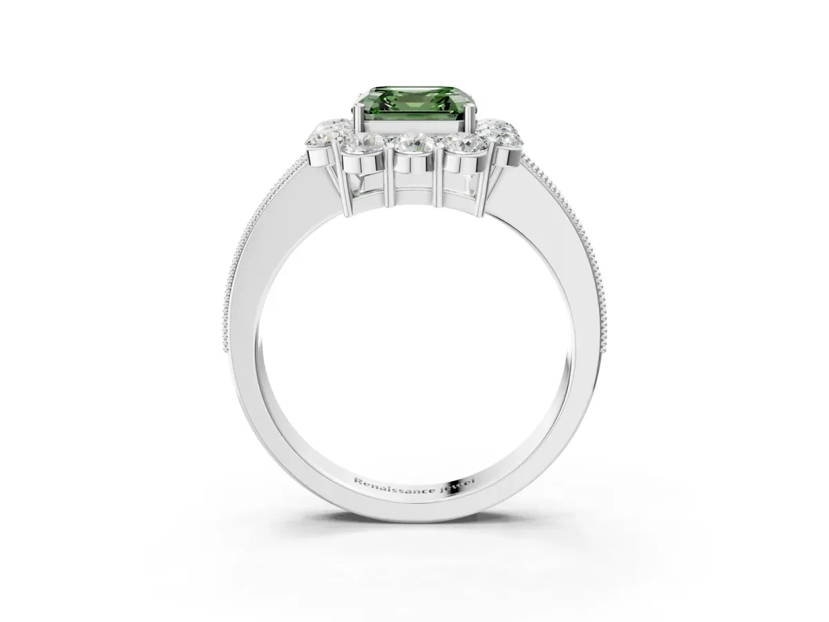 Fancy Green Asscher Cut Cut Halo Diamond Pavé Engagement Ring with Milgrain Detailing Platinum