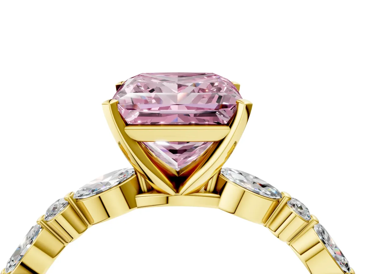 Fancy Pink Princess Cut Diamond Ring with Marquise and Round Side Stones and Four-Prong Setting Yellow gold