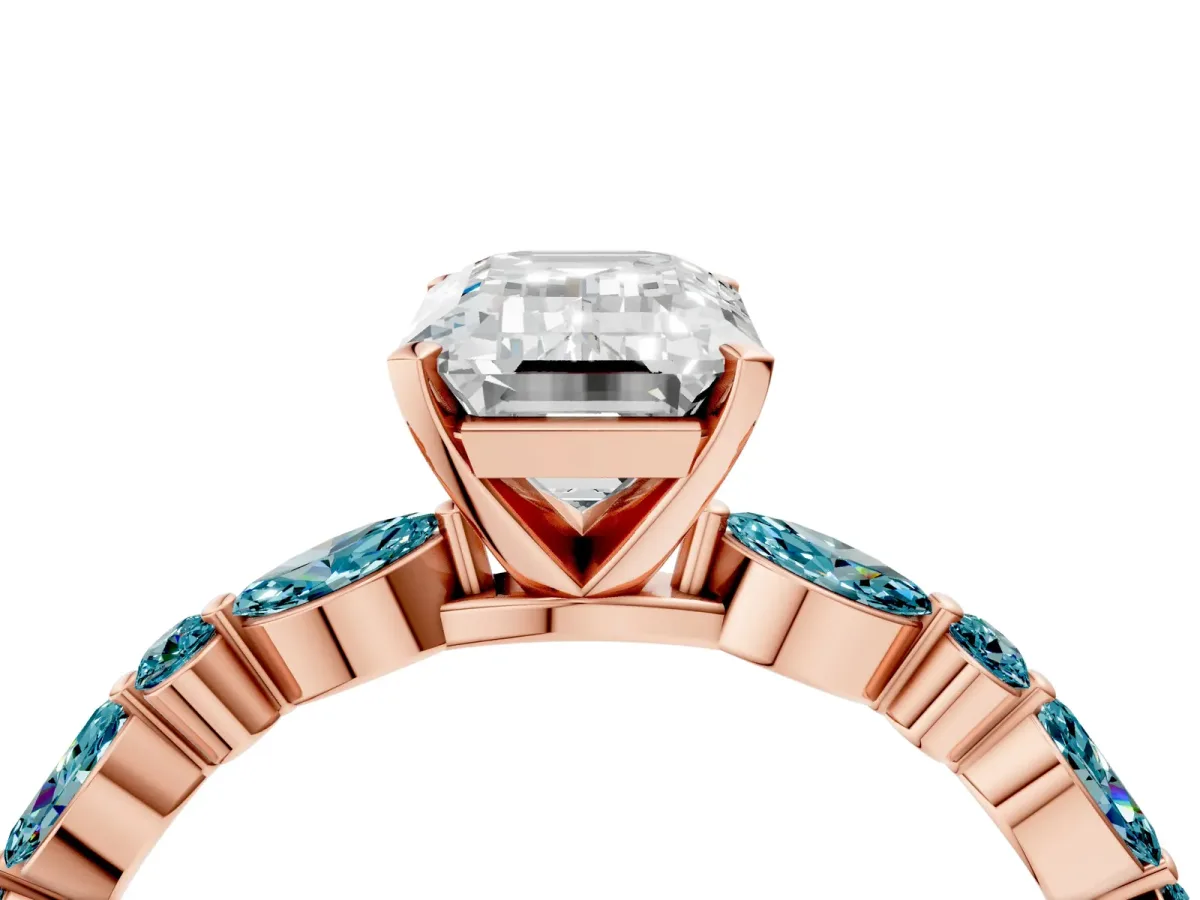 Emerald Cut Diamond Ring with Marquise and Round Blue Topaz Side Stones and Four-Prong Setting Rose gold