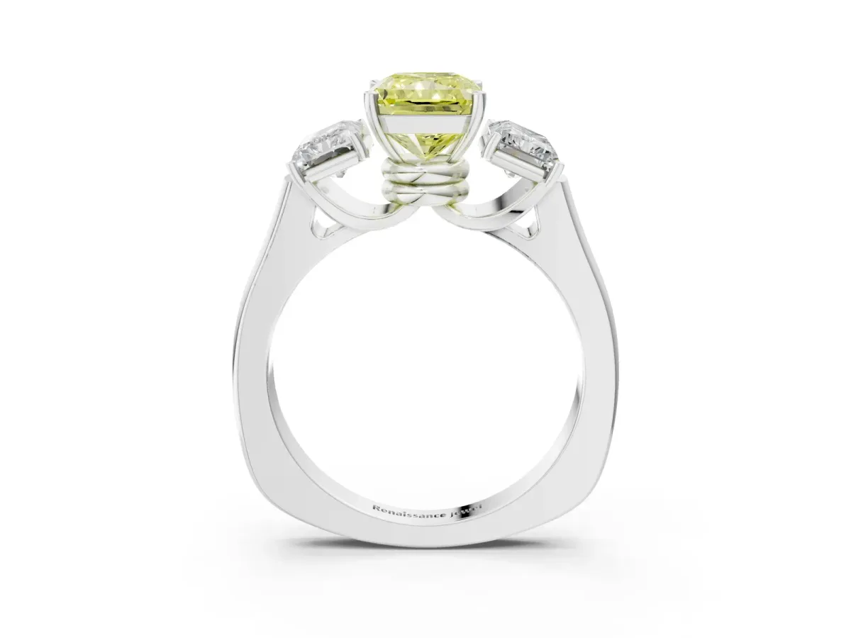 Fancy Yellow Three-Stone Radiant Cut Brilliant Diamond Trellis Ring with Comfort Fit Band Platinum