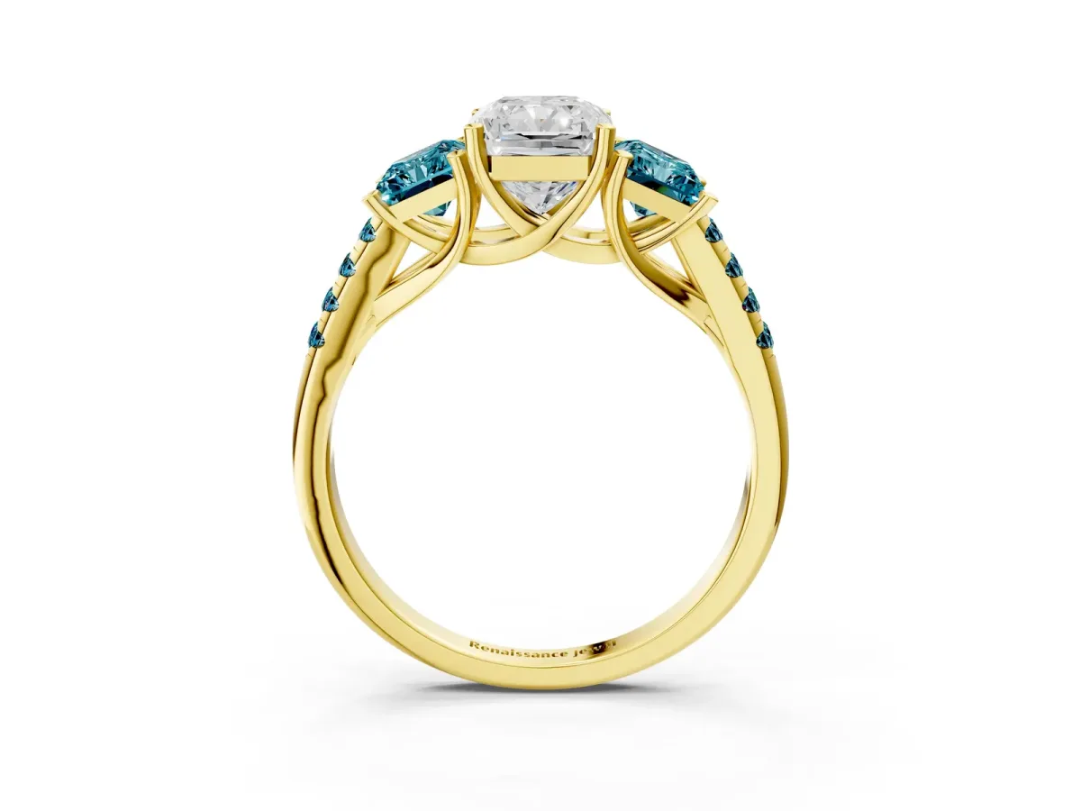 Three-Stone Radiant Cut Diamond Ring with Round Blue Topaz Pavé Band and Prong Setting Yellow gold
