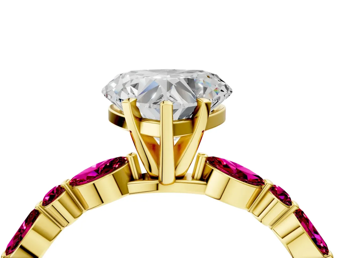 Heart Cut Diamond Ring with Marquise and Round Garnet Side Stones and Four-Prong Setting Yellow gold