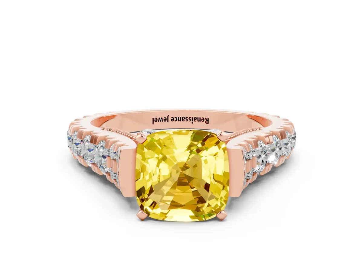 Cushion Cut Yellow Sapphire Classic Solitaire Ring with Pavé Band and Four-Prong Setting Rose gold