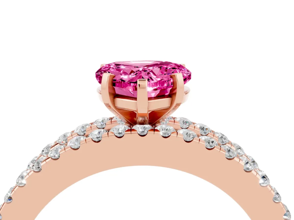 Heart Cut Pink Sapphire Solitaire Ring with Pavé and Channel Set Band Rose gold