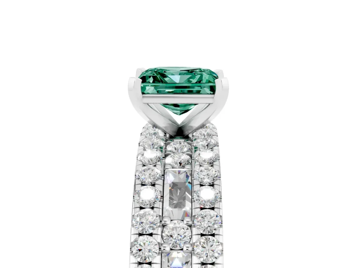 Princess Cut Green Sapphire Solitaire Ring with Pavé and Channel Set Band White gold