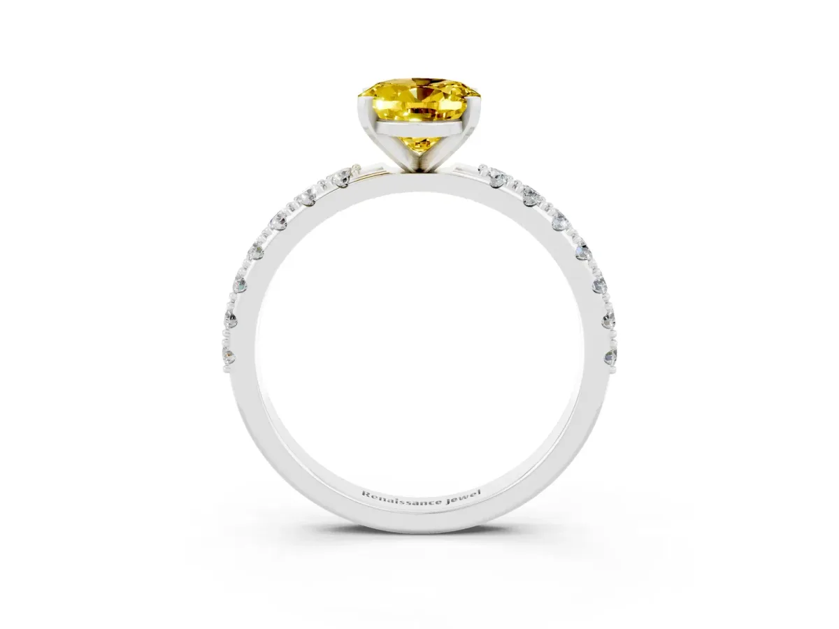 Oval Cut Yellow Sapphire Solitaire Pavé Band with Four-Prong Setting Silver