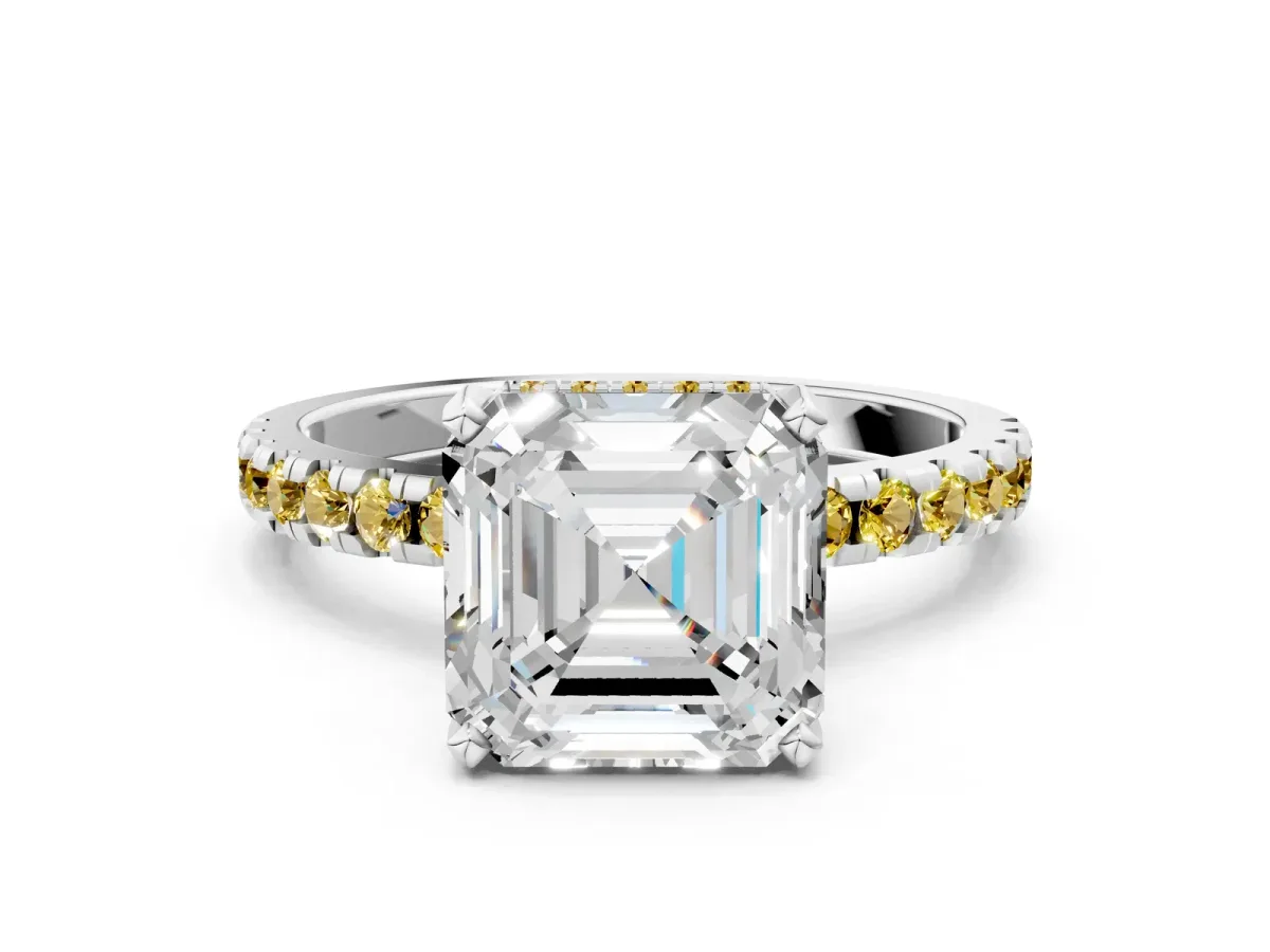 Asscher Cut Diamond Solitaire Ring with Round Yellow Sapphire Pavé Band and Four-Prong Setting White gold