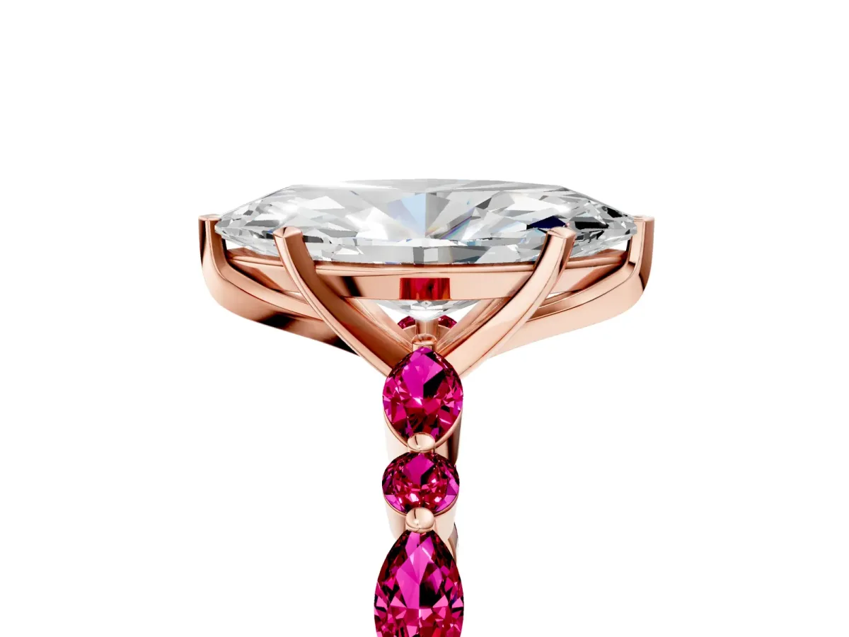 Marquise Cut Diamond Ring with Marquise and Round Garnet Side Stones and Four-Prong Setting Rose gold