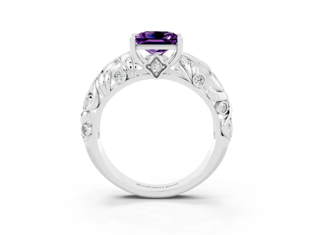 Princess Cut Solitaire Amethyst Leaf-Inspired Vine Band Ring with Prong Setting White gold
