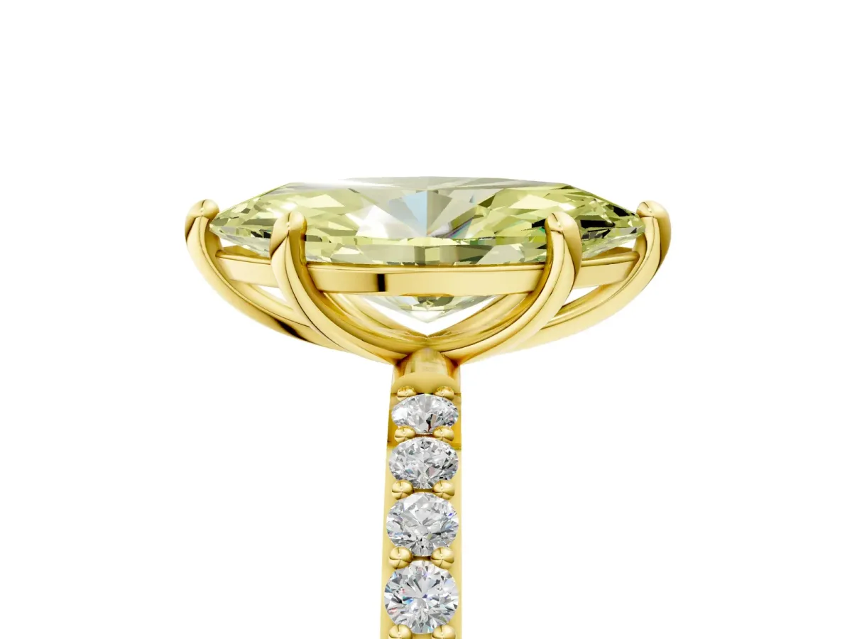 Fancy Yellow Marquise Cut Diamond Solitaire Ring with Round Pavé Band and Prong Setting Yellow gold
