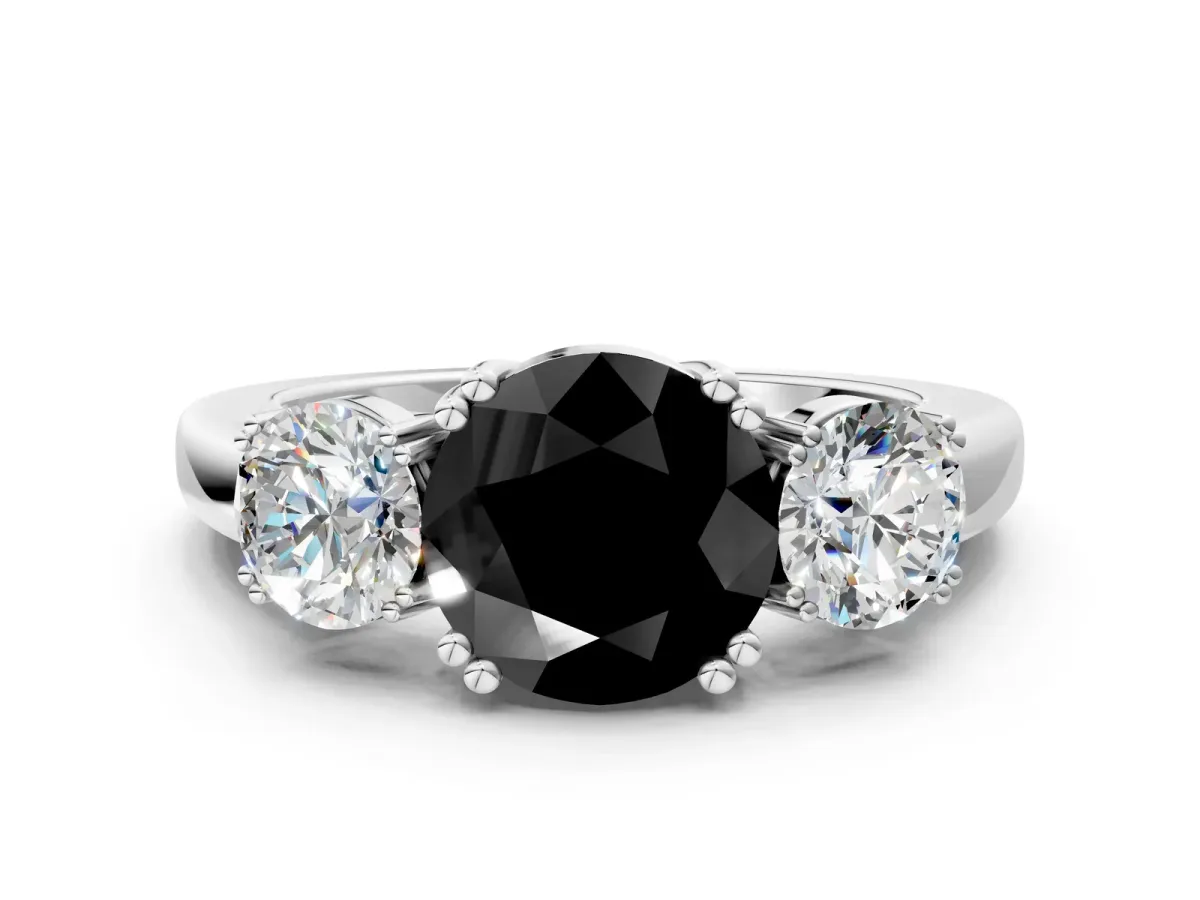 Fancy Black Three-Stone Round Cut Cut Diamond Ring with Channel Set Band and Four-Prong Setting Silver