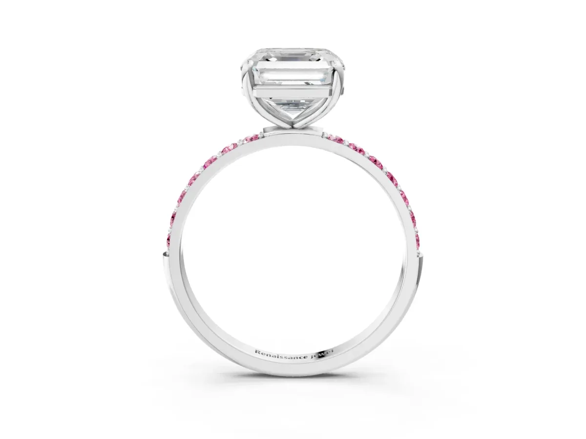Asscher Cut Diamond Solitaire Ring with Round Pink Sapphire Pavé Band and Prong Setting White gold