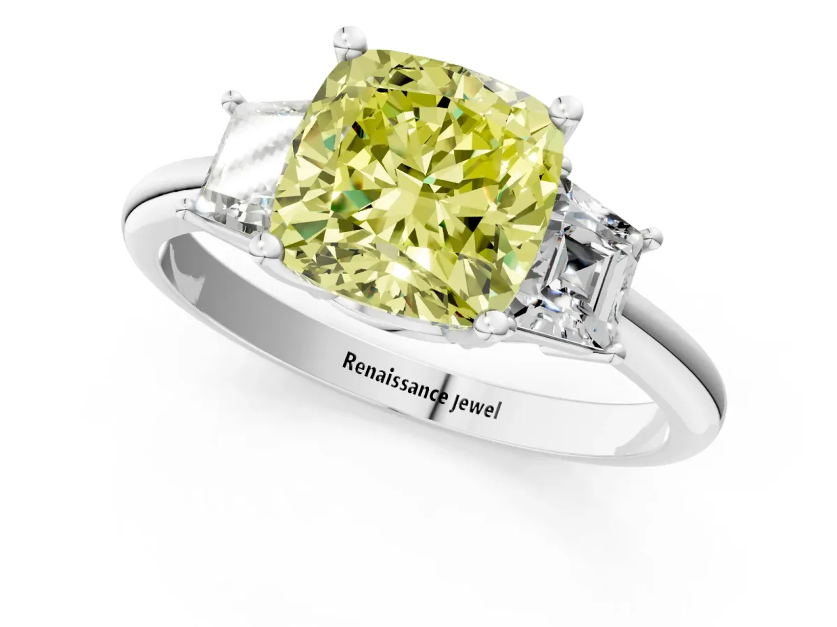 Fancy Yellow Cushion Cut Diamond Three-Stone Ring with Trapezoid Side Stones and Prong Setting Platinum