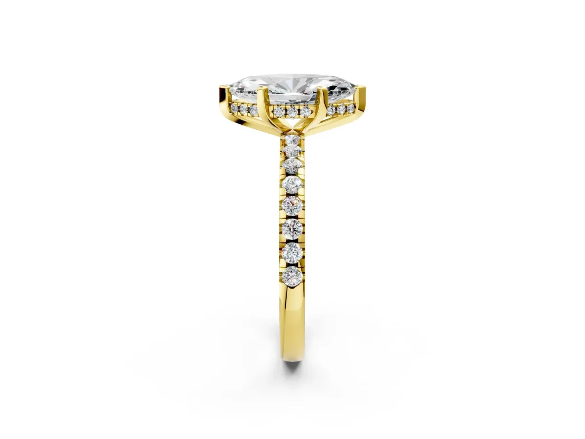 Marquise Cut Diamond Solitaire Ring with Round Pavé Band and Four-Prong Setting Yellow gold