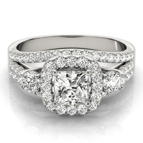 Halo Princess Cut Cut Split Shank Diamond Ring with Four-Prong Setting Silver