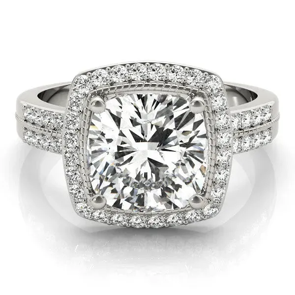 Cushion Cut Diamond Double Halo Ring with Split Shank and Four-Prong Setting Silver