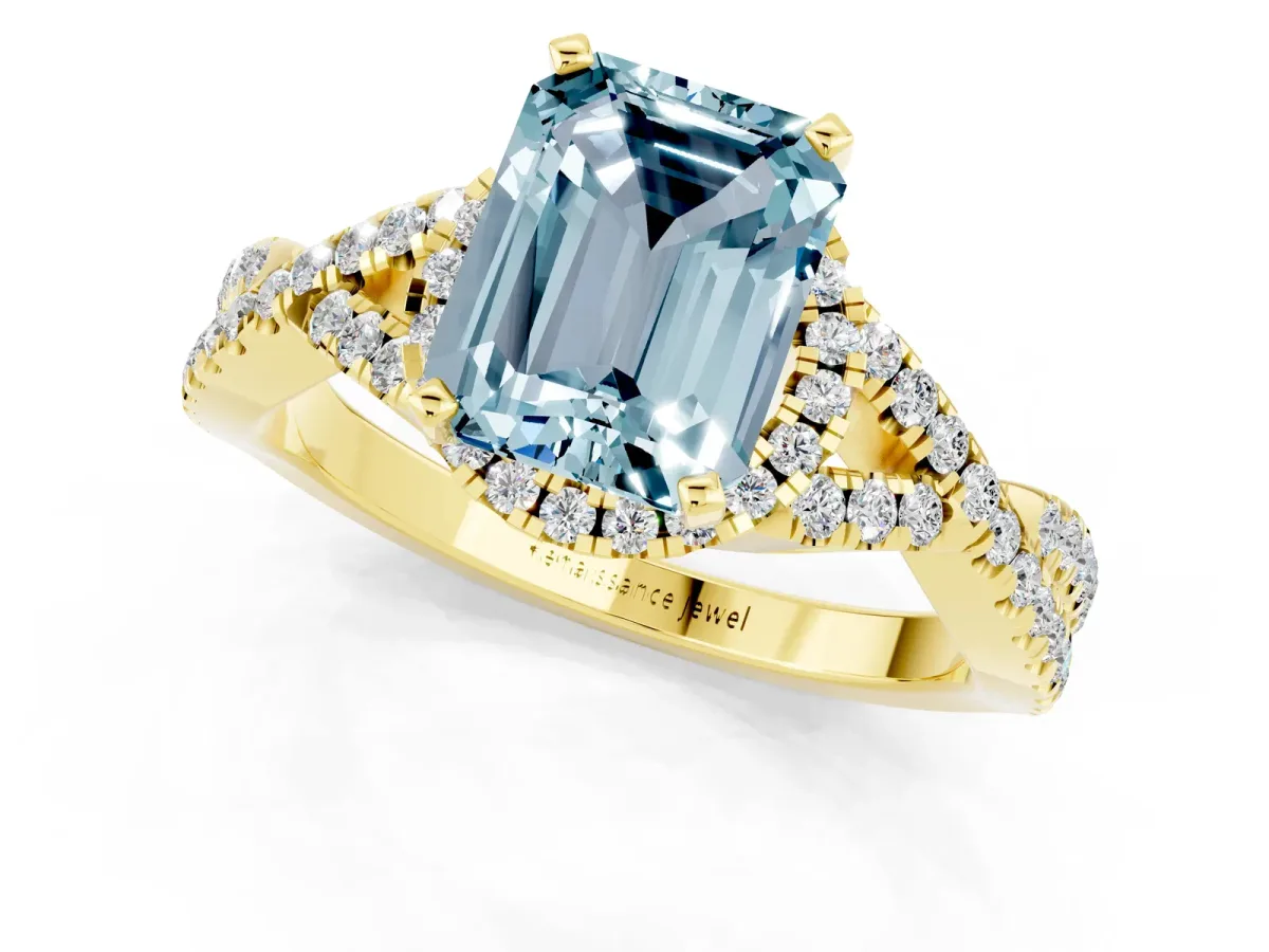 Emerald Cut Aquamarine Halo Twist Band Solitaire Prong Setting Ring Yellow gold