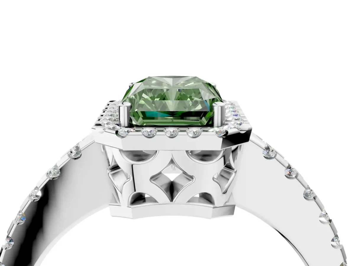 Fancy Green Radiant Cut Diamond Halo Engagement Ring with Pavé Band and Prong Setting Platinum