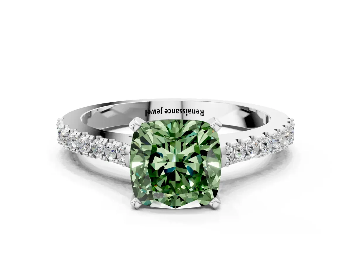 Fancy Green Cushion Cut Cut Solitaire Diamond Engagement Ring with Pave Band and Four-Prong Setting White gold