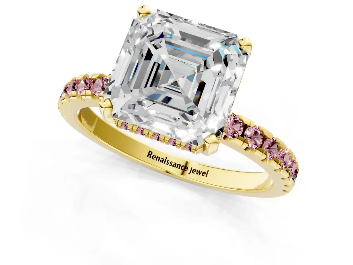 Asscher Cut Diamond Solitaire Ring with Round Morganite Pavé Band and Four-Prong Setting Yellow gold