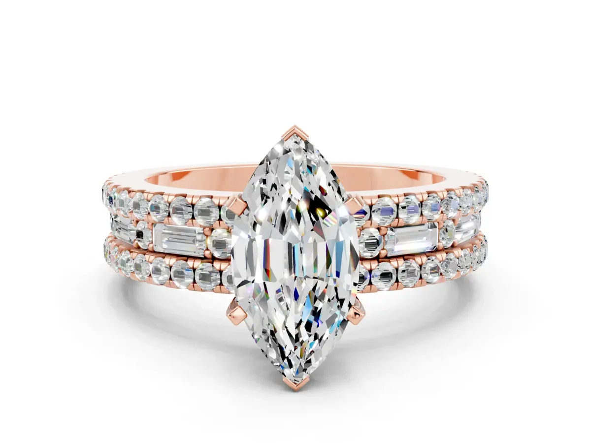 Marquise Cut Moissanite Solitaire Ring with Pavé and Channel Set Band Rose gold