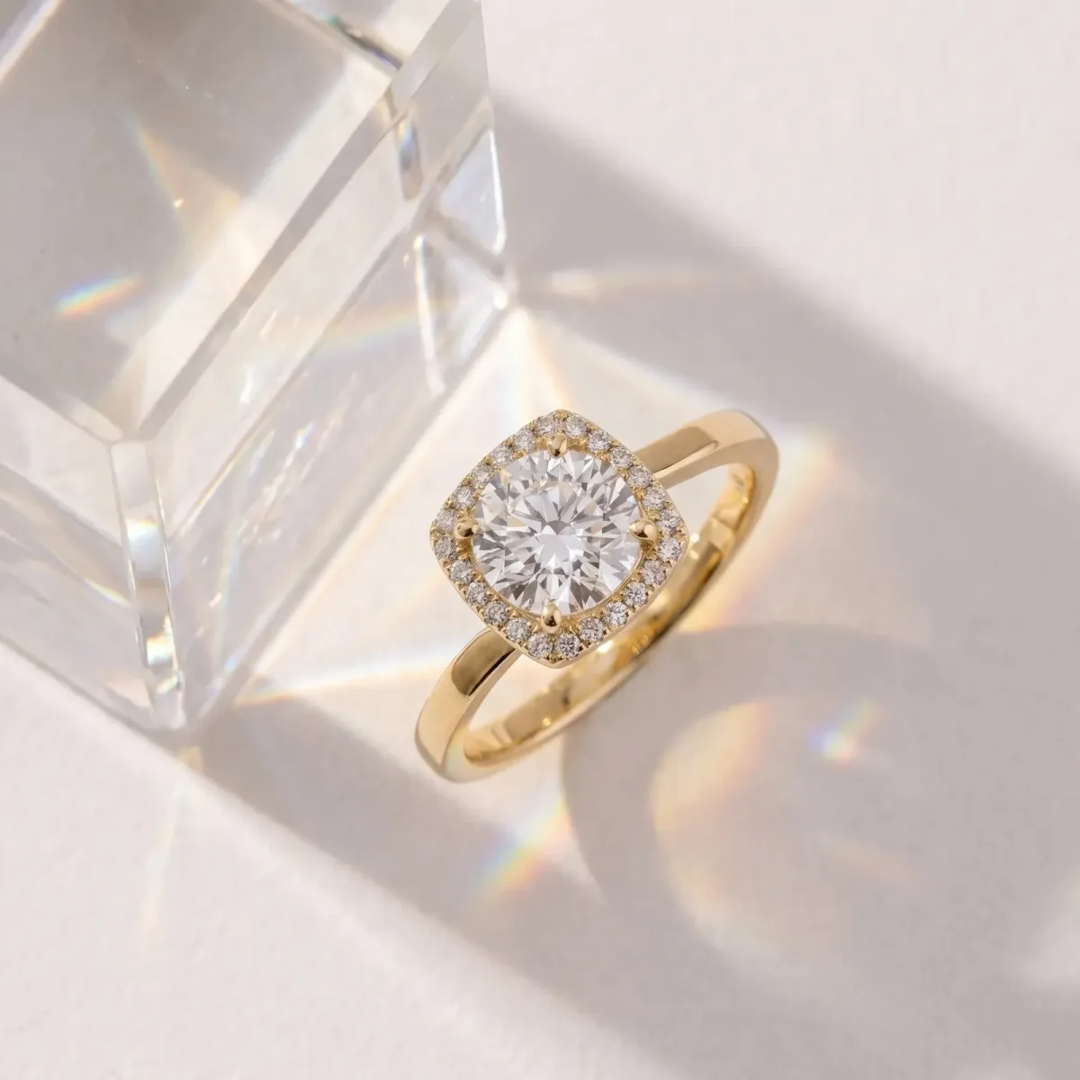 Cushion Cut Halo Solitaire Engagement Ring with Round Diamond and Four-Prong Setting Yellow gold