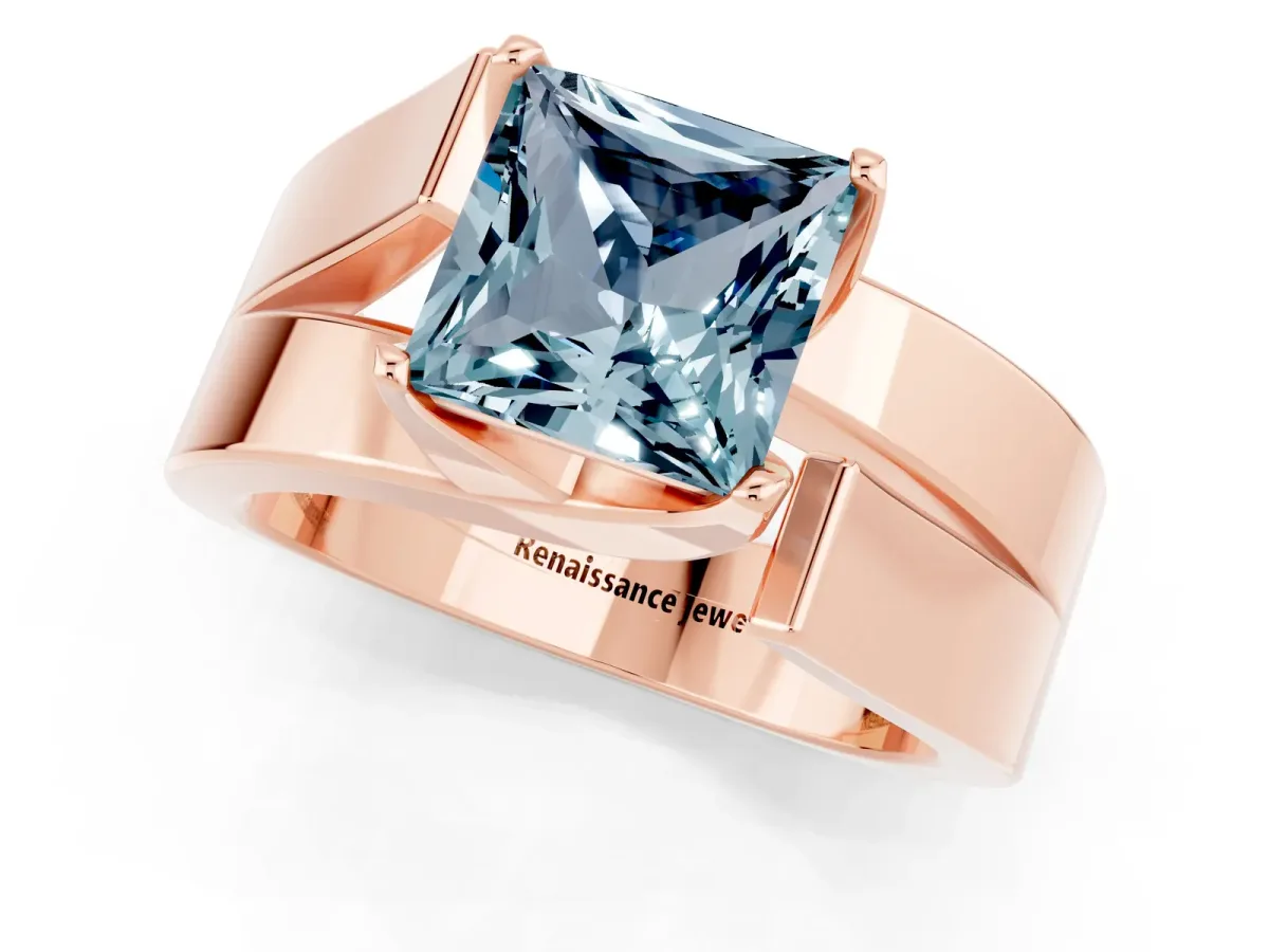 Modern Tension Set Princess Cut Aquamarine Solitaire Wide Band Ring Rose gold
