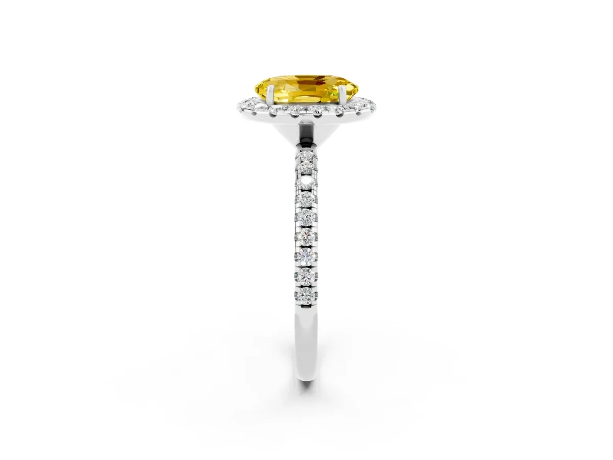 Oval Cut Yellow Sapphire Halo Ring with Round Pavé Band and Prong Setting White gold