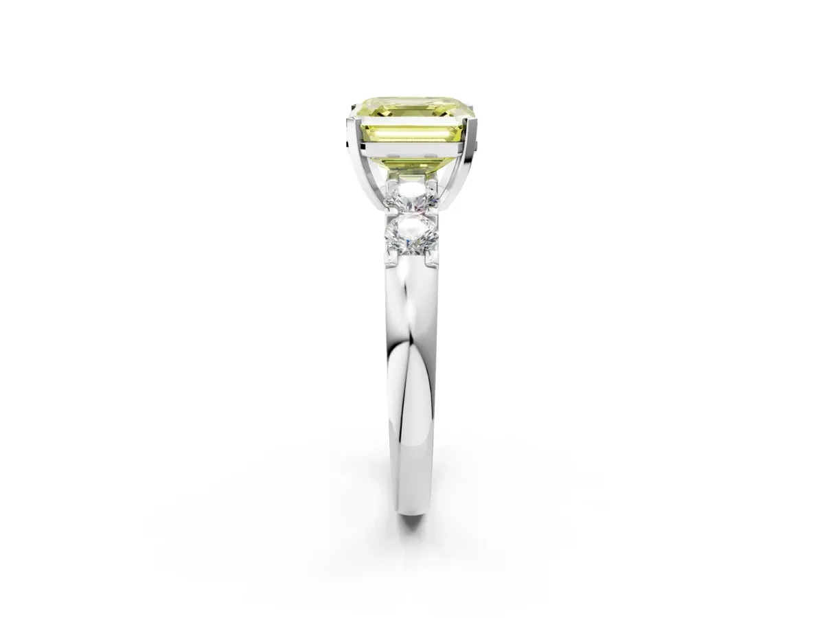 Fancy Yellow Asscher Cut Brilliant Cut Diamond Five-Stone Prong Set Engagement Ring with Channel Band Platinum