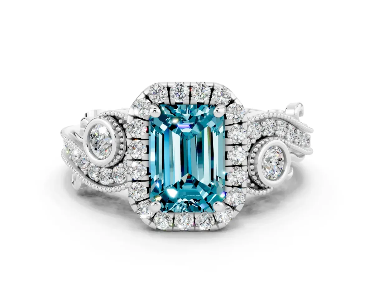 Emerald Cut Blue Topaz Halo Ring with Milgrain Pavé Band and Four-Prong Setting White gold