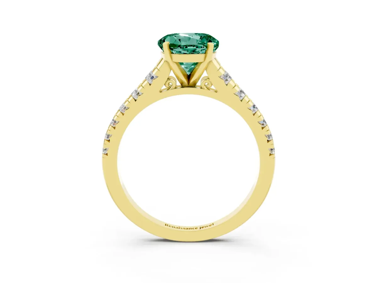 Round Cut Green Sapphire Cathedral Solitaire Ring with Round Pavé Band Yellow gold