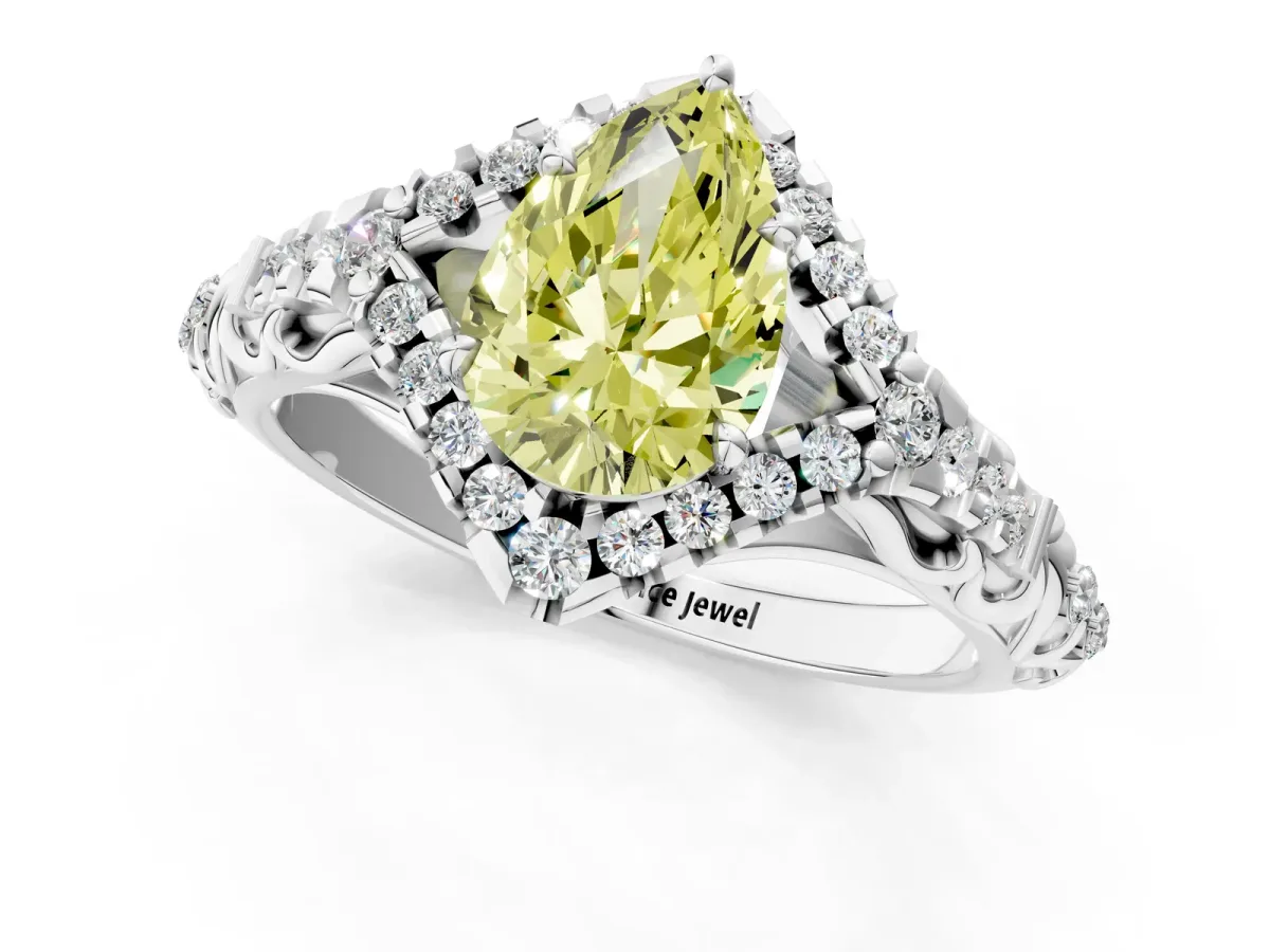 Fancy Yellow Pear Cut Diamond Solitaire Ring with Hidden Halo and Pavé Band White gold