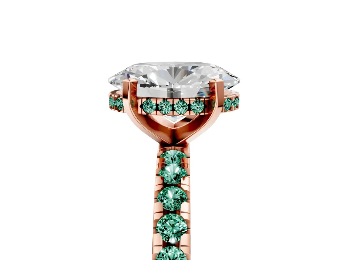 Oval Cut Diamond Solitaire Ring with Round Green Sapphire Pavé Band and Four-Prong Setting Rose gold