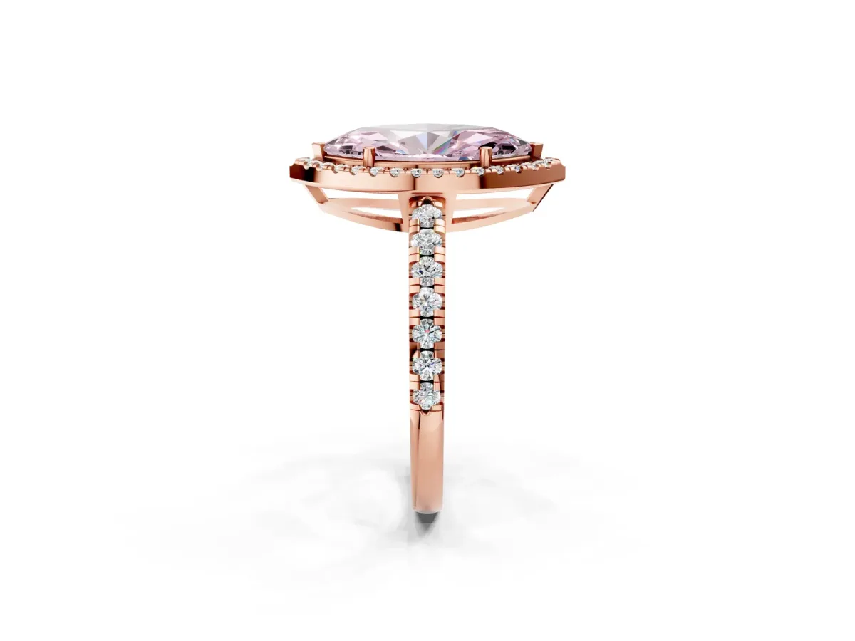 Fancy Pink Marquise Cut Diamond Halo Ring with Pavé Band and Four-Prong Setting Rose gold