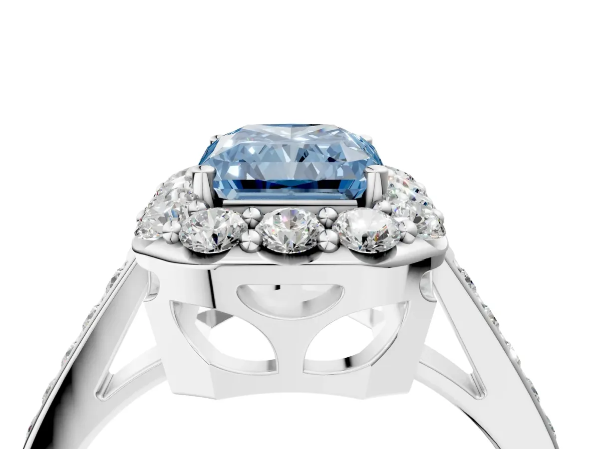 Fancy Blue Radiant Cut Diamond Floral Halo Ring with Pavé Band and Prong Setting Platinum