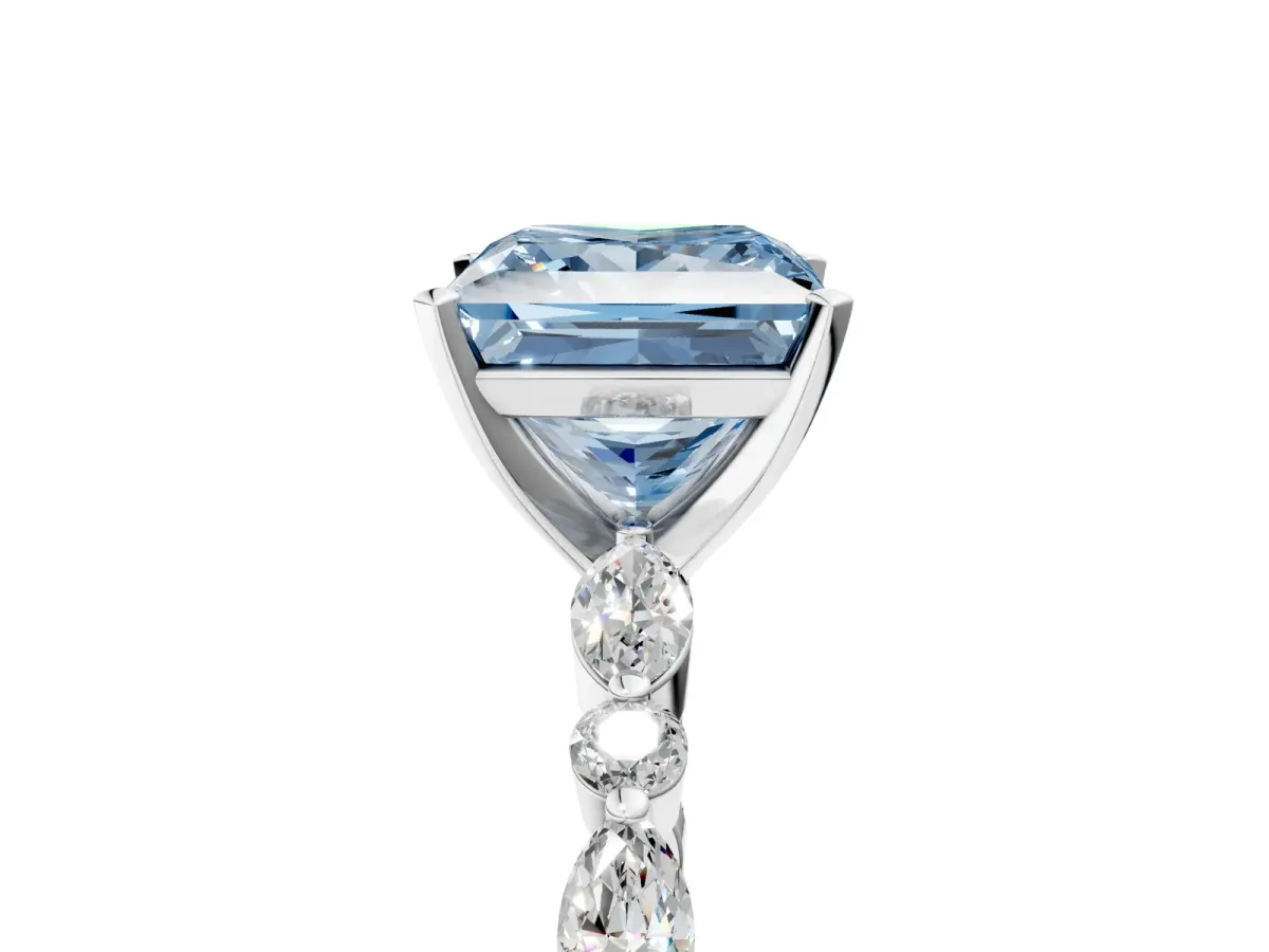 Fancy Blue Princess Cut Diamond Ring with Marquise and Round Side Stones and Four-Prong Setting White gold