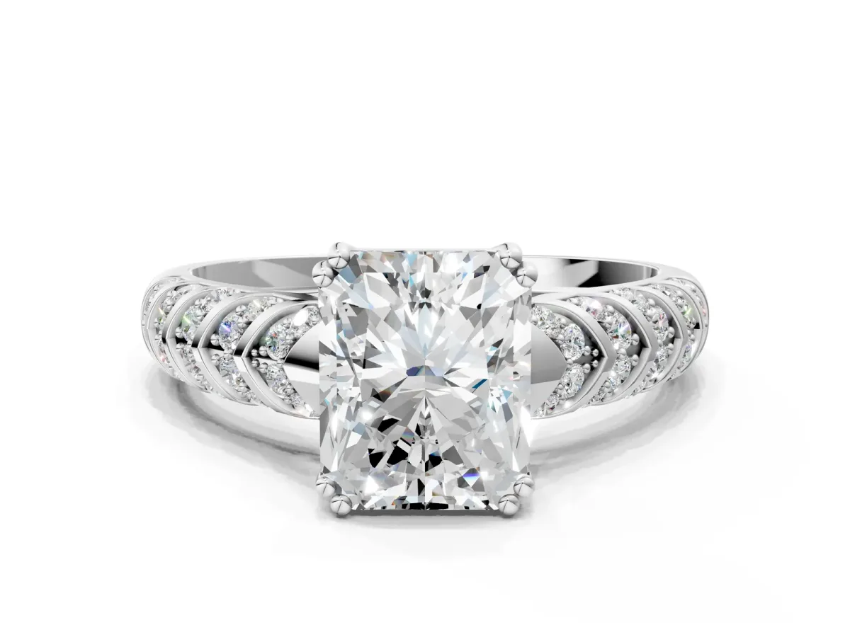 Radiant Cut Solitaire Chevron Pave Diamond Engagement Ring with Six-Prong Setting Platinum