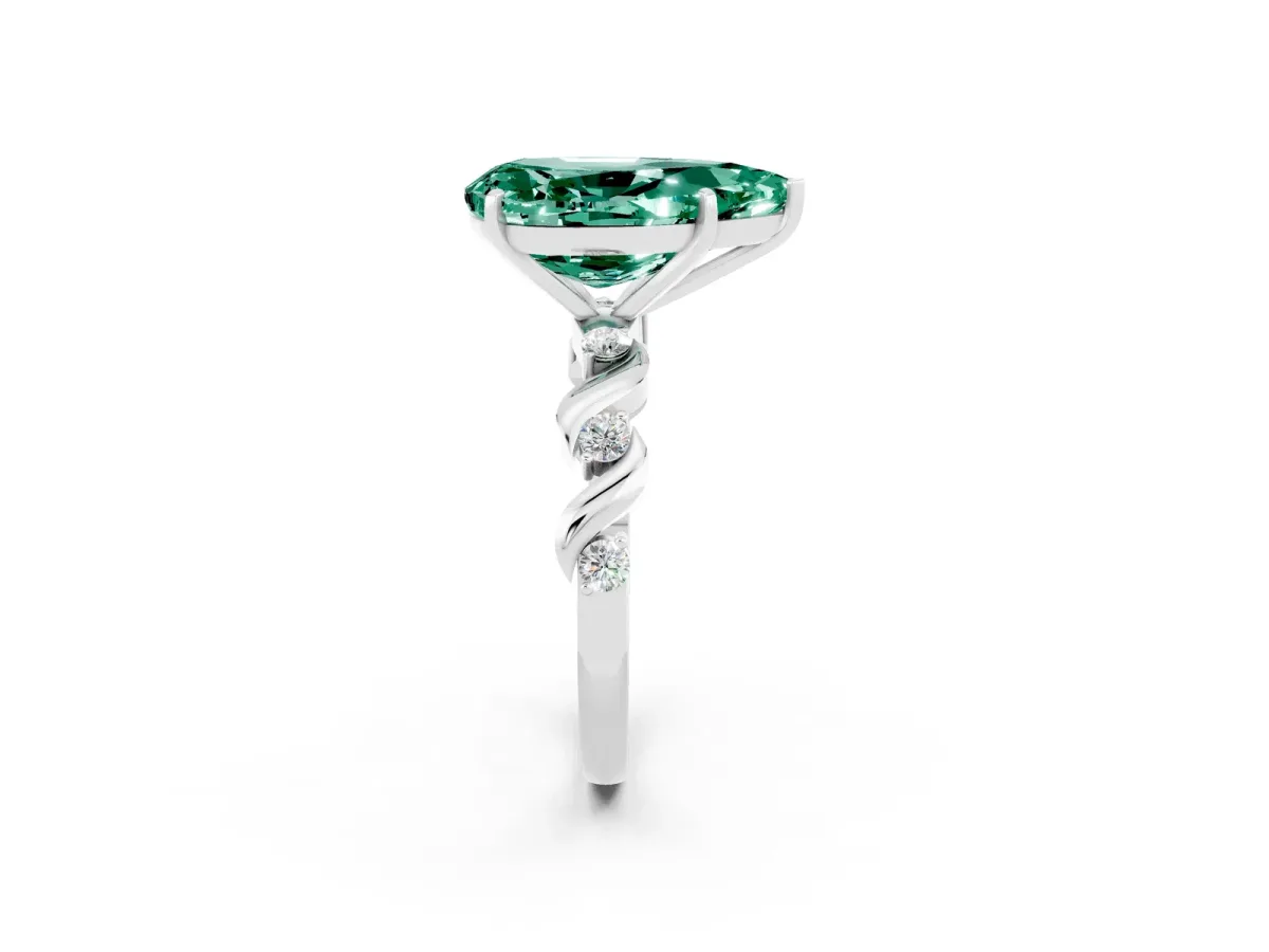 Pear Cut Green Sapphire Solitaire Twisted Band with Round Accents and Prong Setting White gold