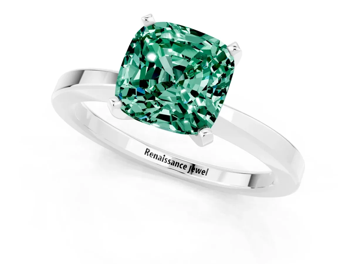 Cushion Cut Green Sapphire Solitaire Engagement Ring with Classic Band and Four-Prong Setting White gold