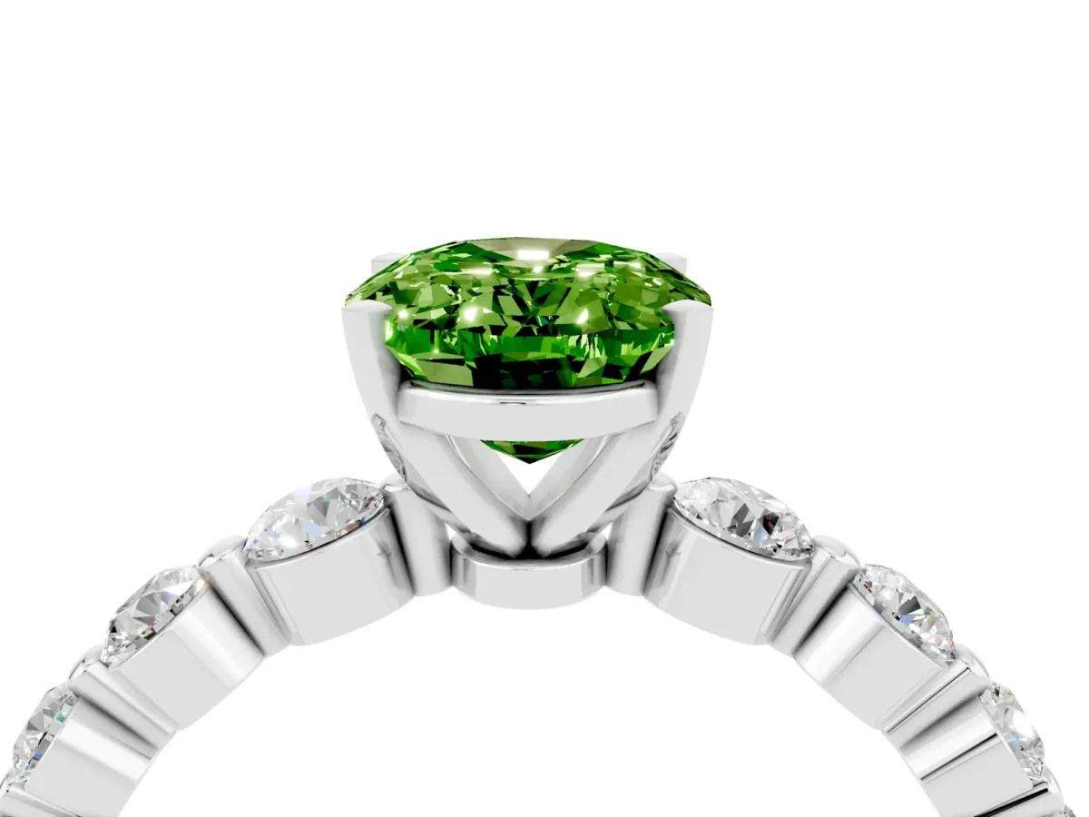 Oval Cut Solitaire Peridot Ring with Pave Band and Four-Prong Setting Platinum