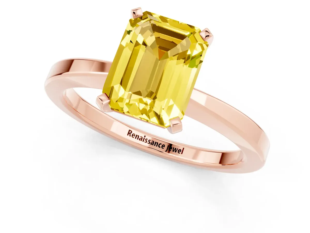 Emerald Cut Yellow Sapphire Solitaire Engagement Ring with Classic Band and Four-Prong Setting Rose gold