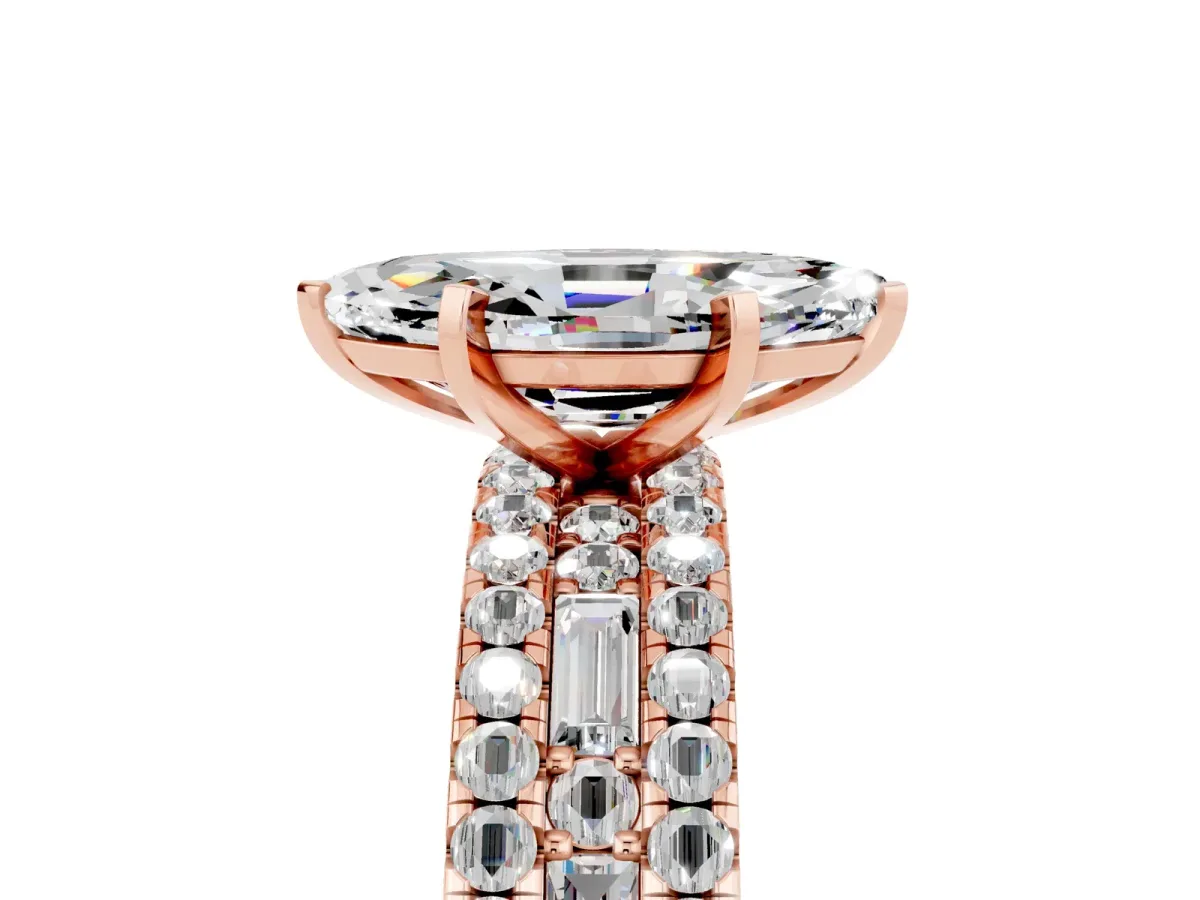Marquise Cut Moissanite Solitaire Ring with Pavé and Channel Set Band Rose gold