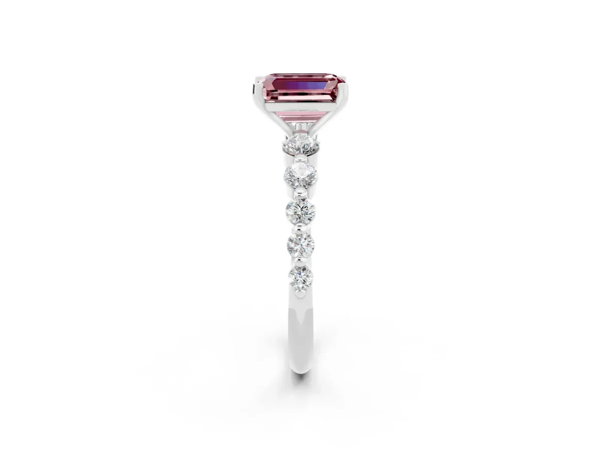 Emerald Cut Solitaire Morganite Ring with Pave Band and Four-Prong Setting Platinum