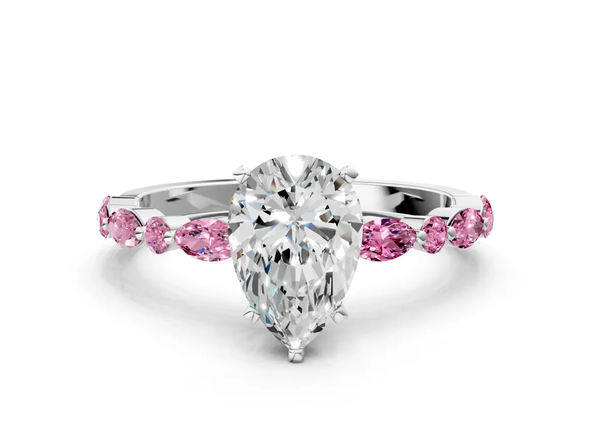 Pear Cut Diamond Ring with Marquise and Round Pink Sapphire Side Stones and Four-Prong Setting White gold